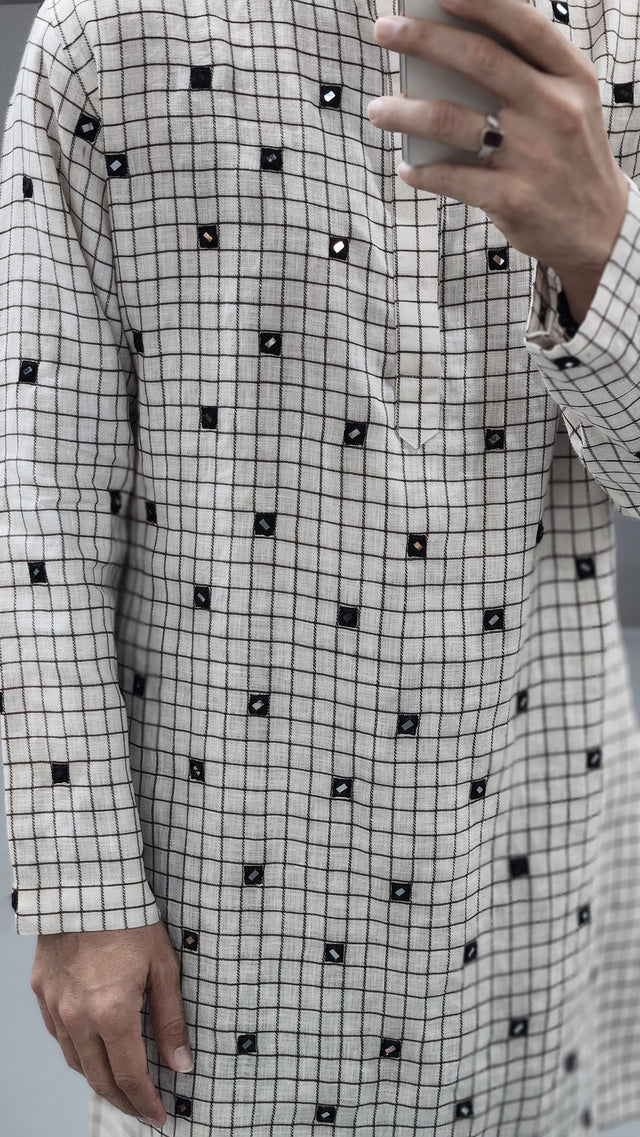 Monochrome Windowpane Grid Hand Khatli Mirror Linen Kurta