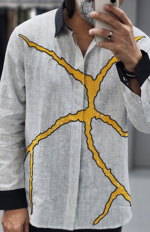 Black & White Pinstripe Pure Linen Long Sleeve Shirt with Hand-Embroidered Yellow Sequin Graphic