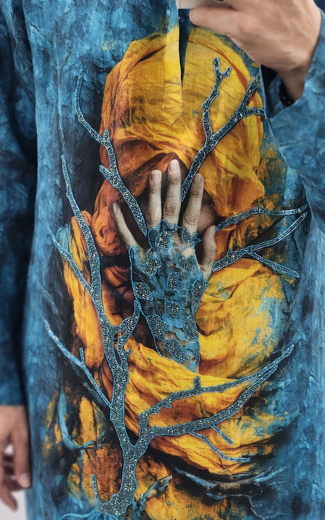 Ocean Blue Pure Linen Long Kurta with Surrealist Graphic Digital Print & Hand Khatli Work