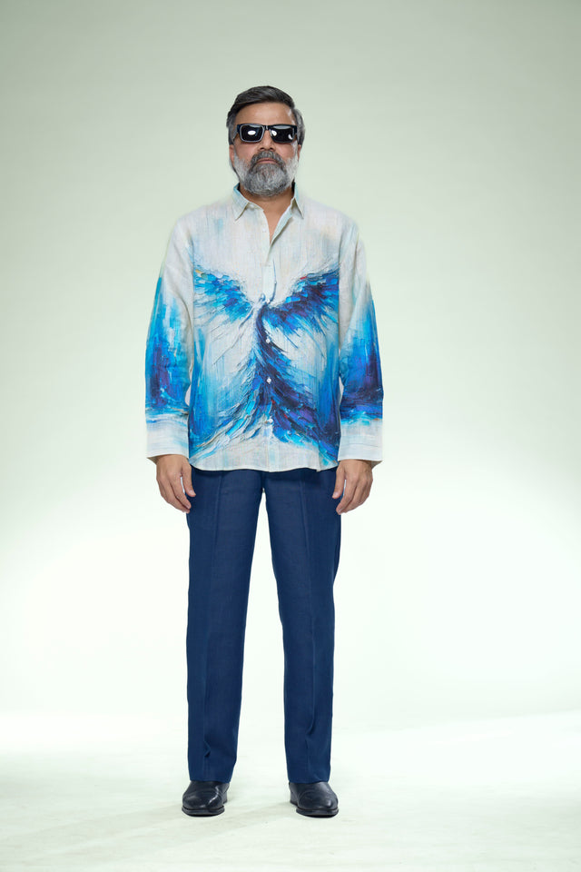 Azure Phoenix Impasto Art Pure Linen Full Sleeve Shirt - AddysForMen®