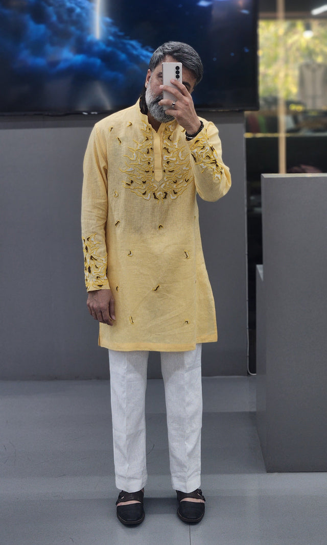 Pale Yellow Pure Linen Long Kurta with Hand-Embroidered Khatli Yoke & Cuffs