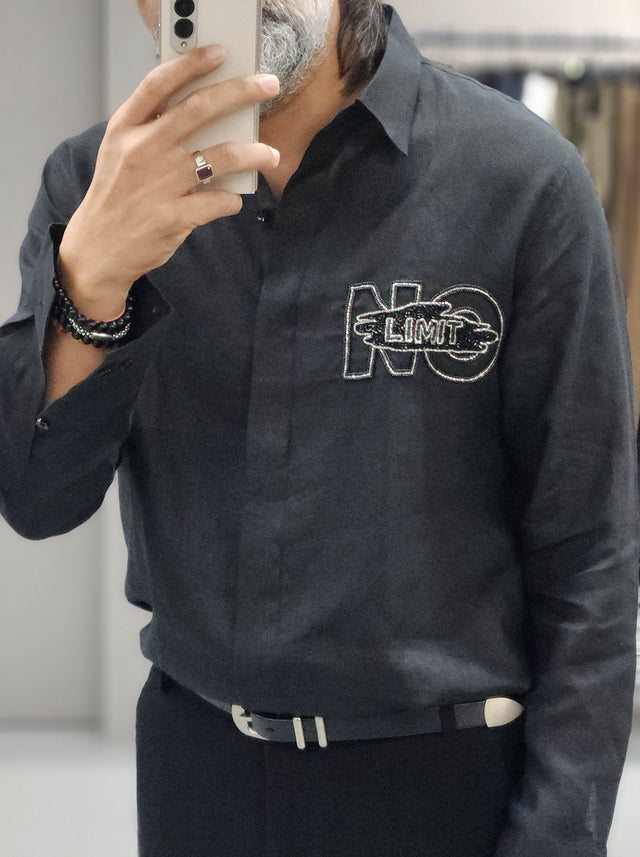 Charcoal Black Pure Linen Long Sleeve Shirt with "No Limit" Hand-Beaded Motif
