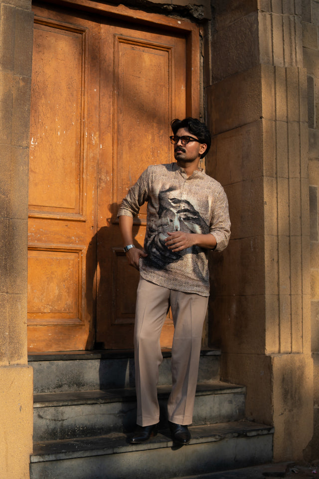 Eternal Flame Unisex Digital Print Pure Linen Kurta Style Shirt - AddysForMen®