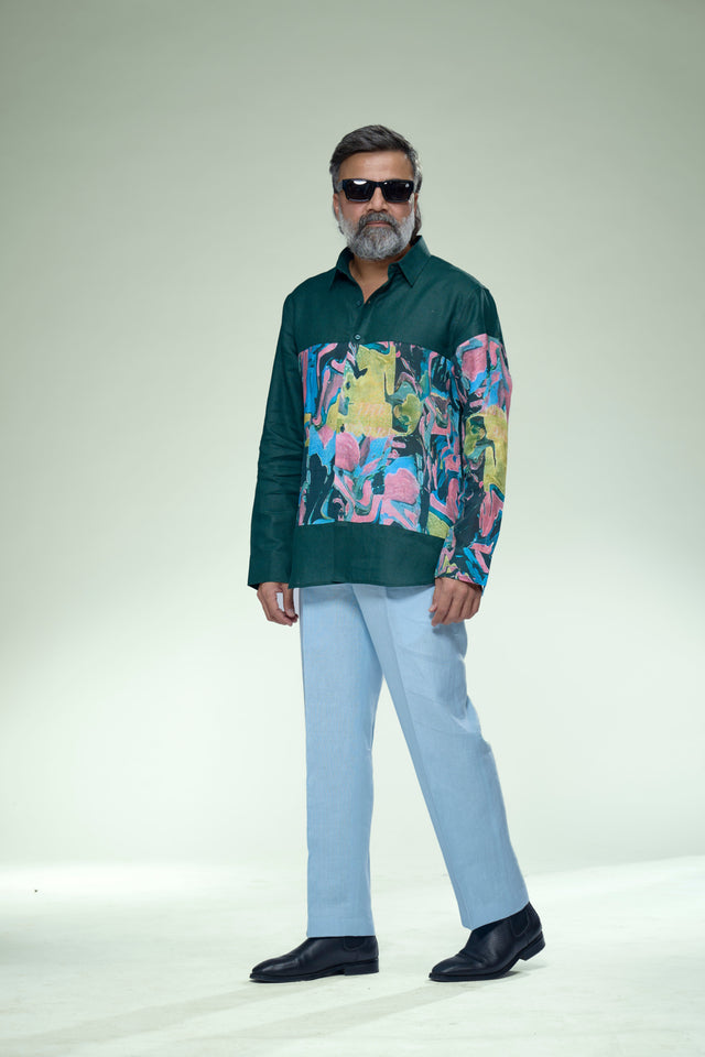 Verdant Muse Abstract Patch Pure Linen Designer Shirt - AddysForMen®