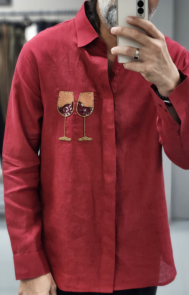 Crimson Wine Glass Embroidered Pure Linen Shirt