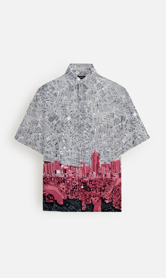 Urban Skyline Pure Satin Linen Short Sleeve Shirt
