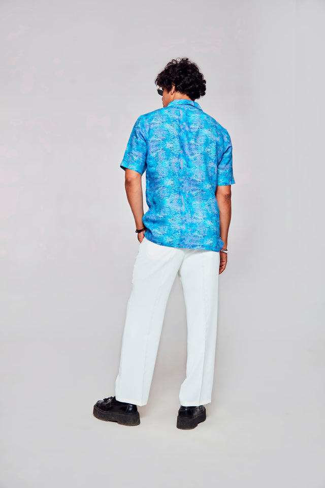 Golden Solace Printed Pure Linen Cuban Coller Shirt