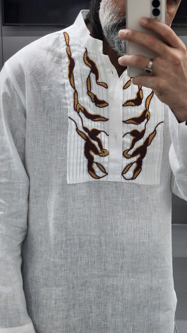 Pure White Pin-Tucked Yoke Hand Khatli Earth-Tone Linen Kurta