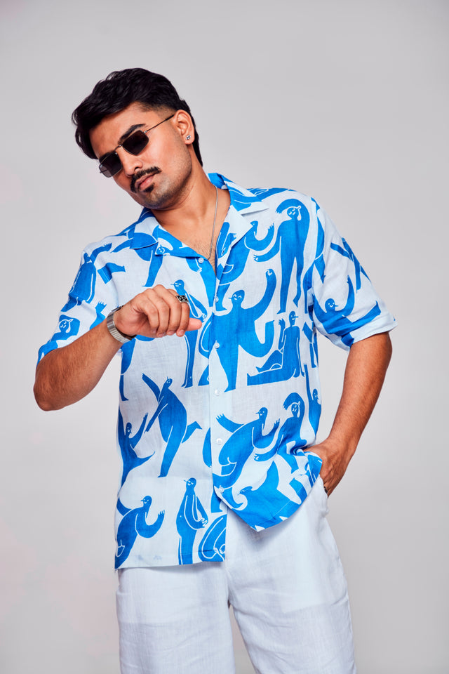 Symbolic Depths Printed Shirt- Featuring an Enigmatic Figure - Pure Linen Cuban Coller Shirt