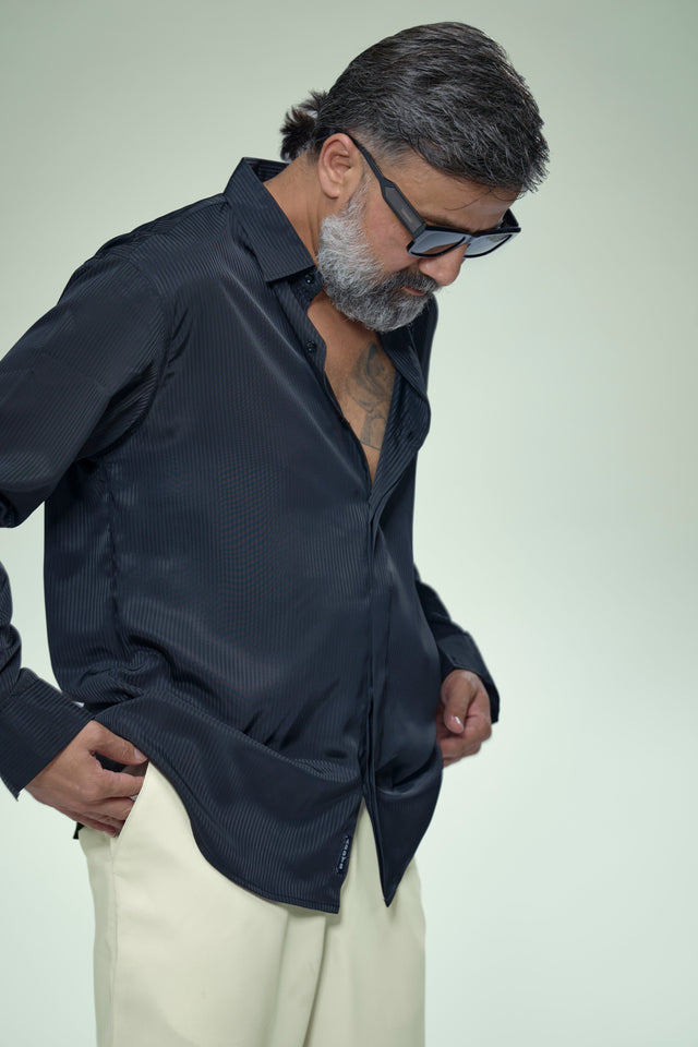 Midnight Armani Black Self-Stripe Full Sleeve Shirt - AddysForMen®️