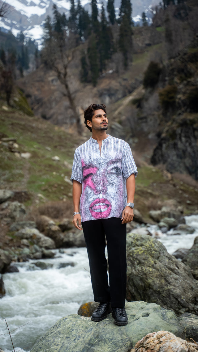 Pink Inscription Stylish Printed Pure Linen Short Sleeve Shirt - AddysForMen®