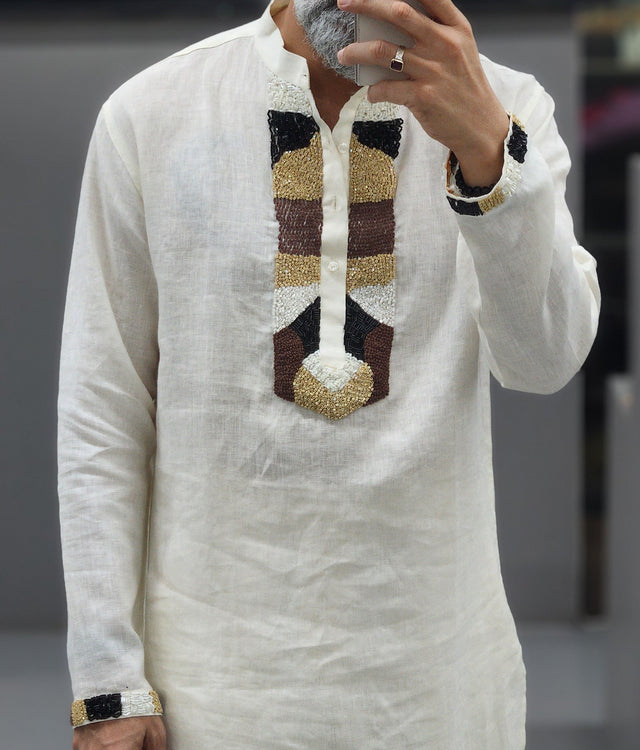 Off-White Geometric Color-Block Hand Khatli Pure Linen Kurta