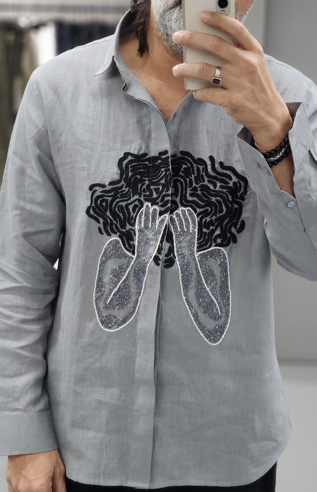 Ash Grey Linen Shirt with Raised Cord & Sequin Artwork