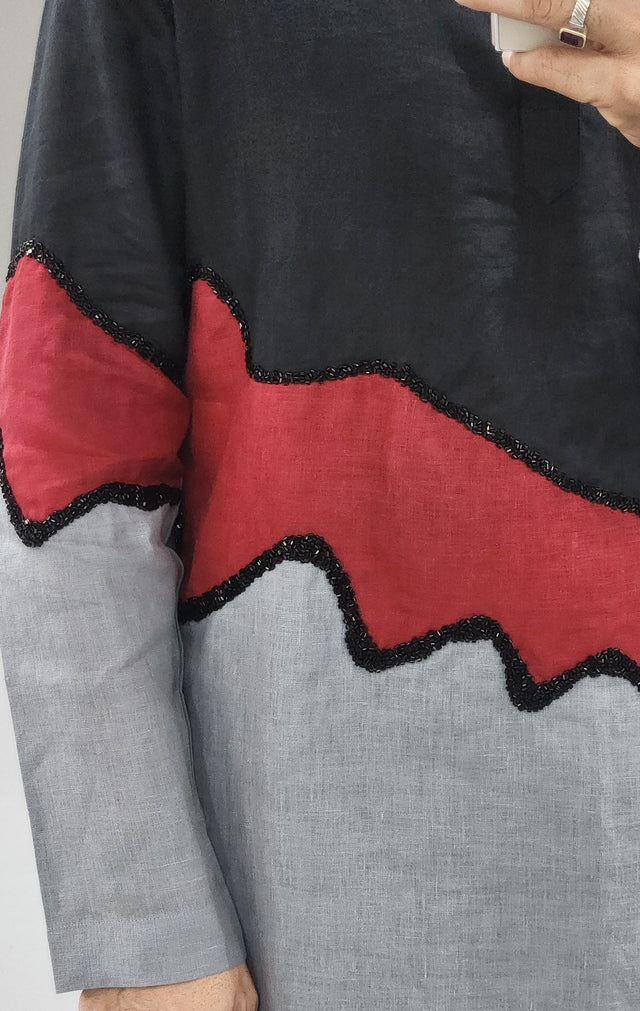 Charcoal, Crimson & Slate Wave Patchwork Hand Khatli Linen Kurta