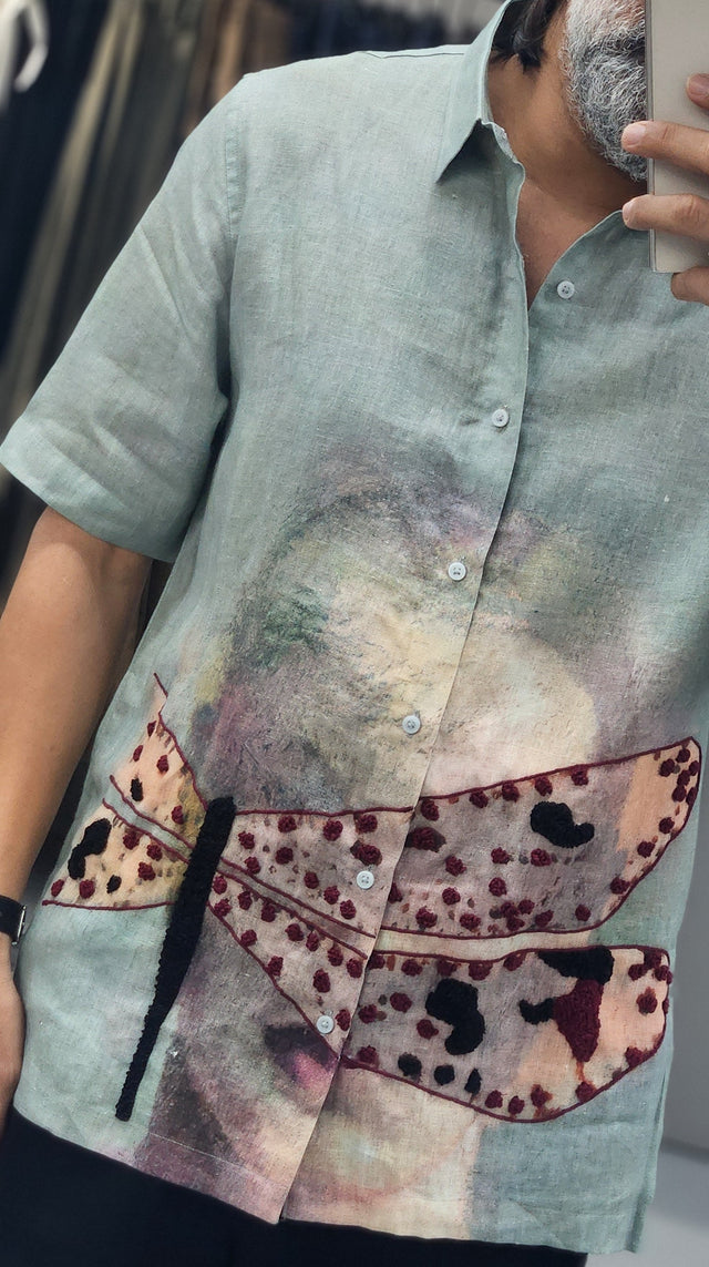 Dragonfly Wings Hand-Embroidered Pure Linen Shirt