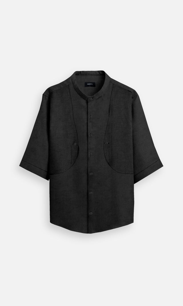 Solid Black (Pure Linen Kurta Style Shirt) - AddysForMen®️
