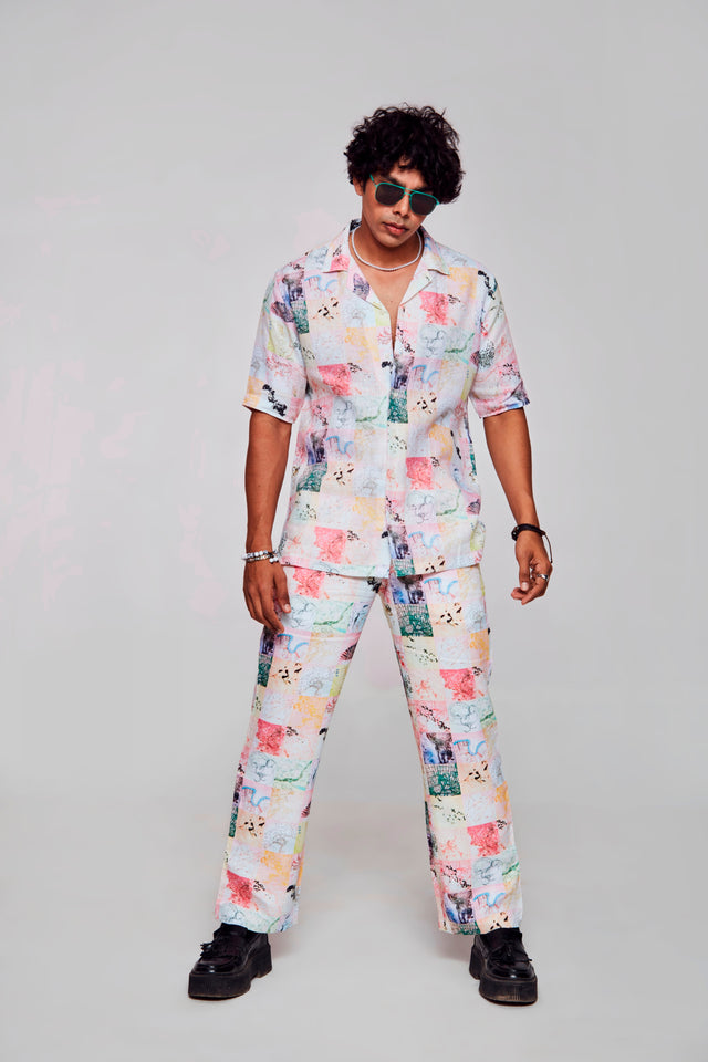 Chromatic Elegance Printed Pure Linen Cuban Coller Shirt