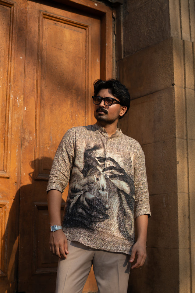 Eternal Flame Unisex Digital Print Pure Linen Kurta Style Shirt - AddysForMen®