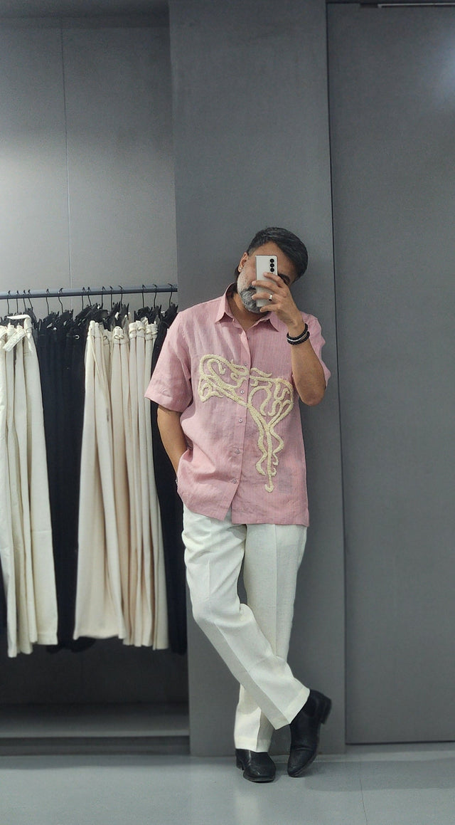 Blush Pink Abstract Cord Embroidered Pure Linen Shirt