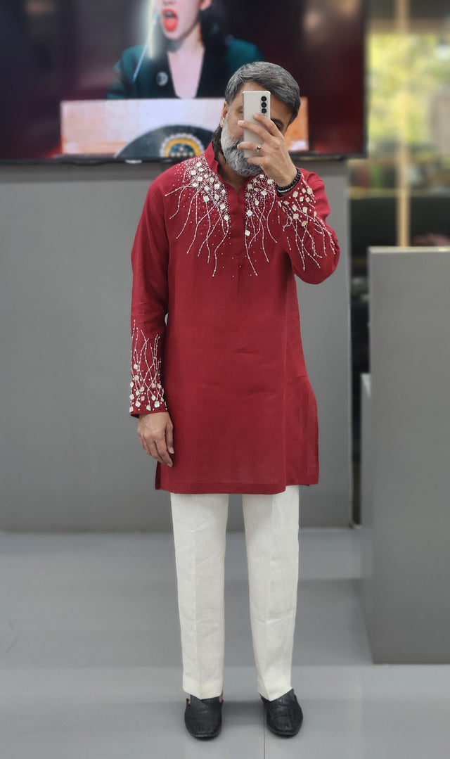 Crimson Red Pure Linen Long Kurta with Hand-Embroidered Khatli Pearl & Sequin Work