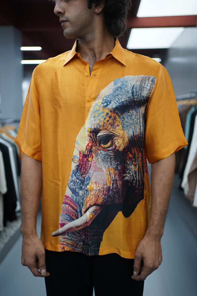 The Royal Tusk: Elephant Digital Print Pure Bemberg Satin Short Sleeve Shirt - AddysForMen®️