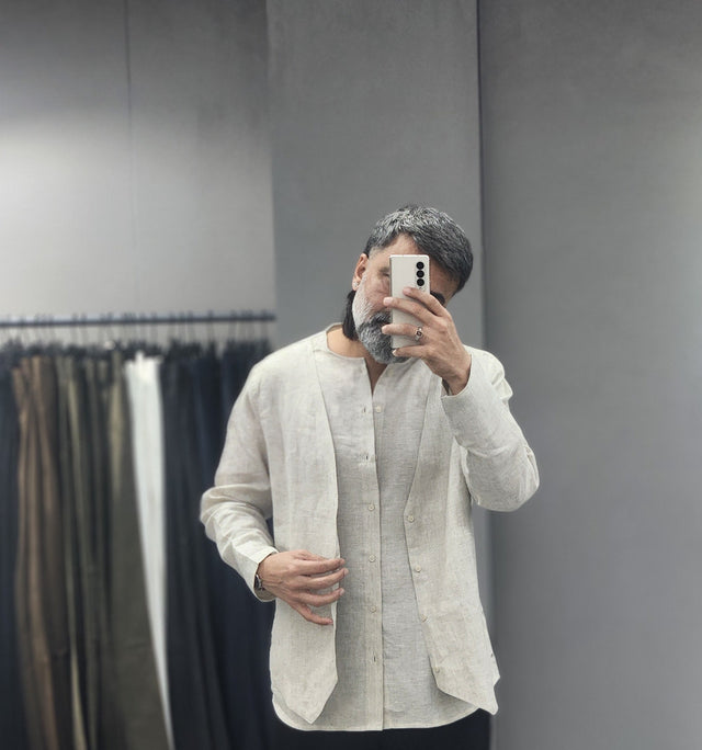 Natural Beige Oatmeal Open-Front Linen Layered Shirt