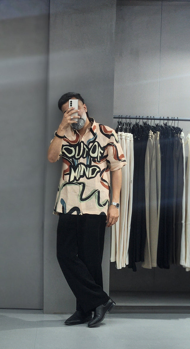 Beige Pure Linen Short Sleeve Shirt with "Out of Mind" Graffiti Graphic