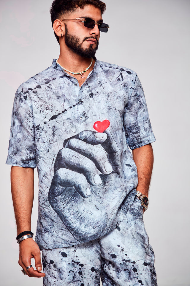 Embracing Love : Symbolic Connection Between Hearts and Humanity - Pure Linen Short Sleeve Kurta