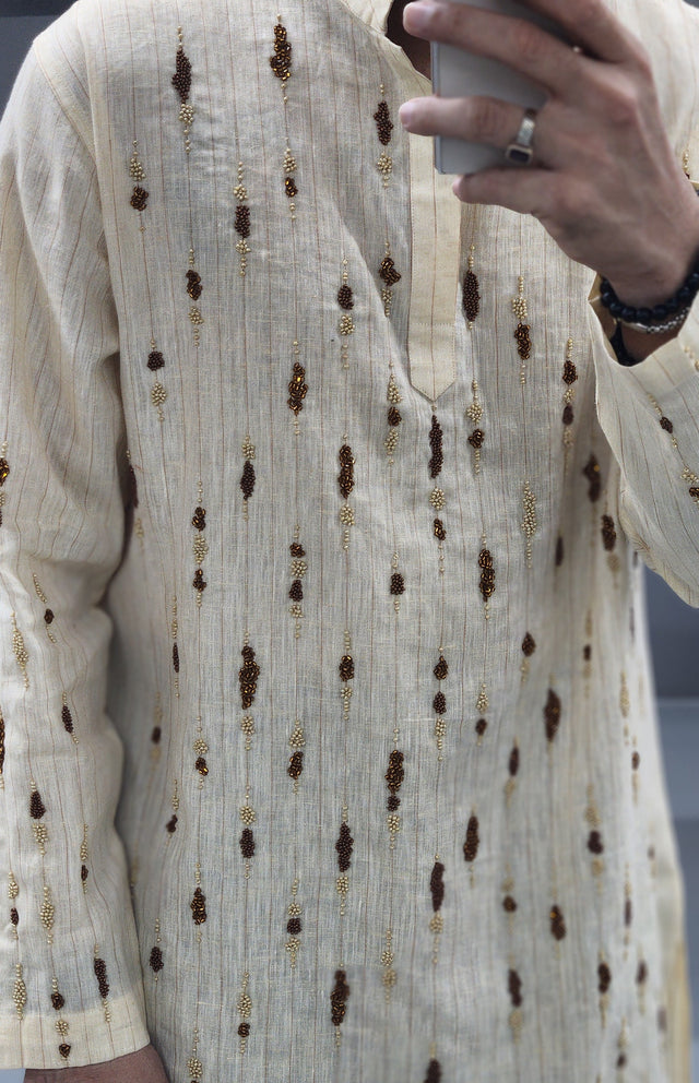 Natural Creamish Yellow Vertical Rain Hand Khatli Pure Linen Kurta