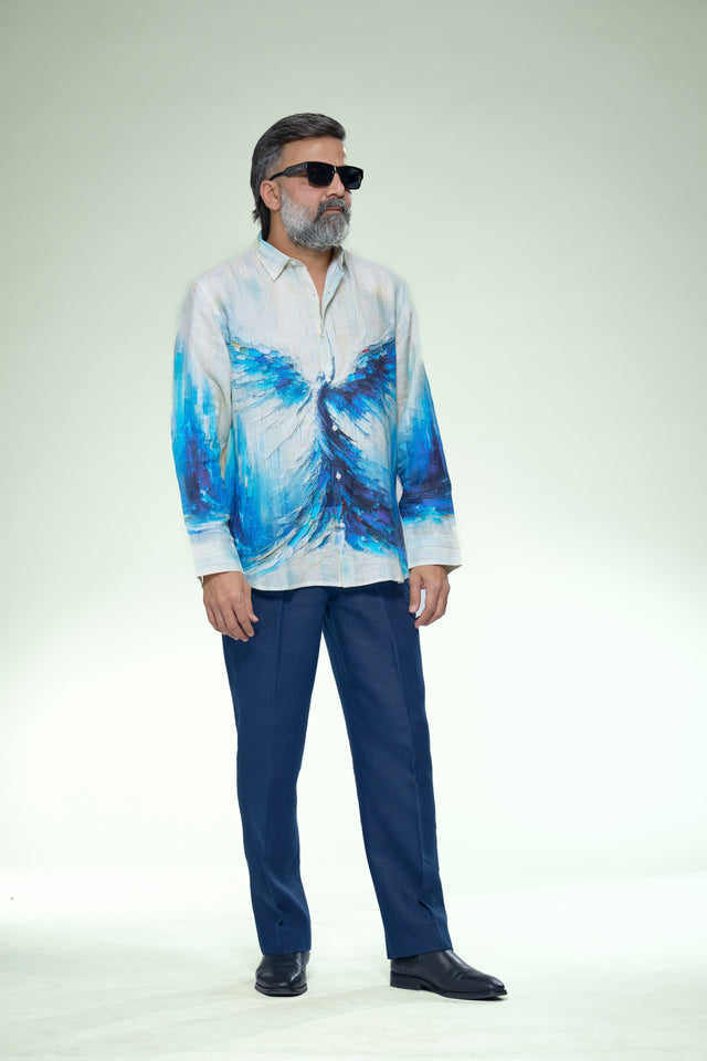 Azure Phoenix Impasto Art Pure Linen Full Sleeve Shirt - AddysForMen®