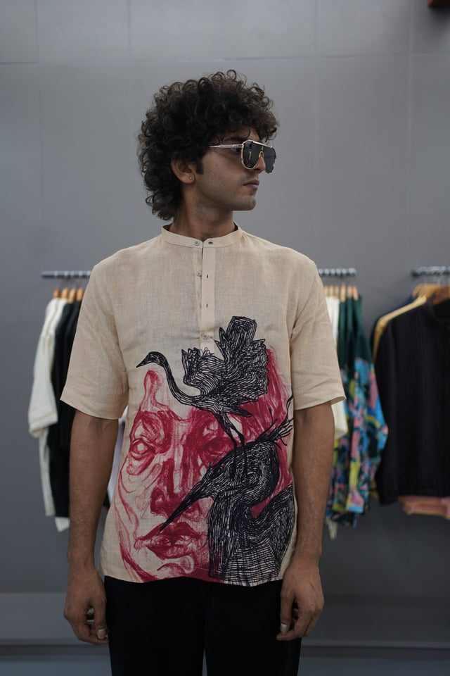 The Ethereal Escape: Hand-Embroidered with Digital Print Pure Linen Kurta Style Shirt - AddysForMen®️