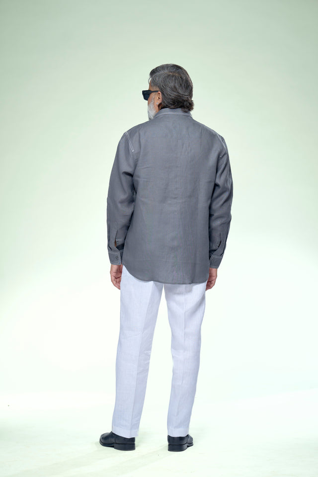 Modern Minimal Highlight Stitch Pure Linen Shirt - AddysForMen®