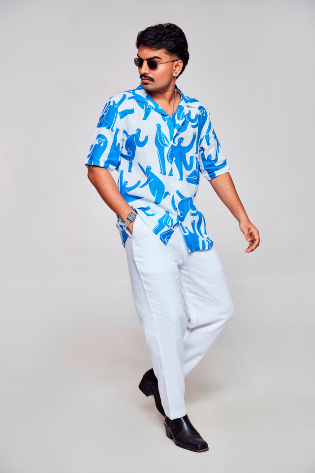 Symbolic Depths Printed Shirt- Featuring an Enigmatic Figure - Pure Linen Cuban Coller Shirt