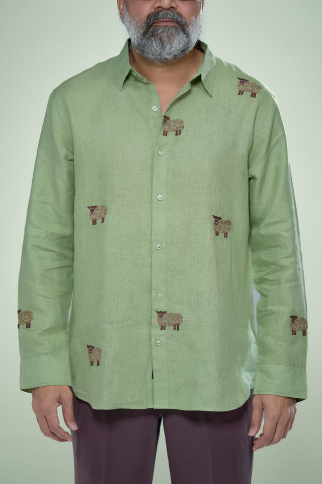 Botanical Heritage: 5-Hour Hand-Embroidered Pure Linen Full Sleeve Shirt - AddysForMen®️