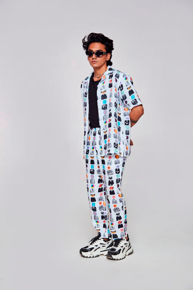 Artistic Mosaic Printed Shirt Pure Linen Cuban Coller Shirt