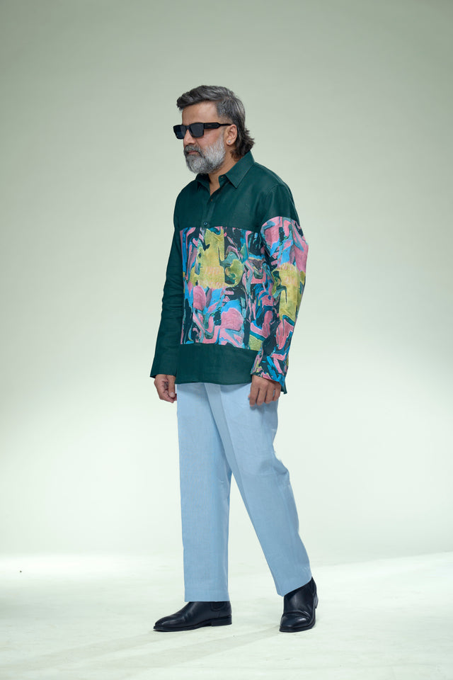 Verdant Muse Abstract Patch Pure Linen Designer Shirt - AddysForMen®