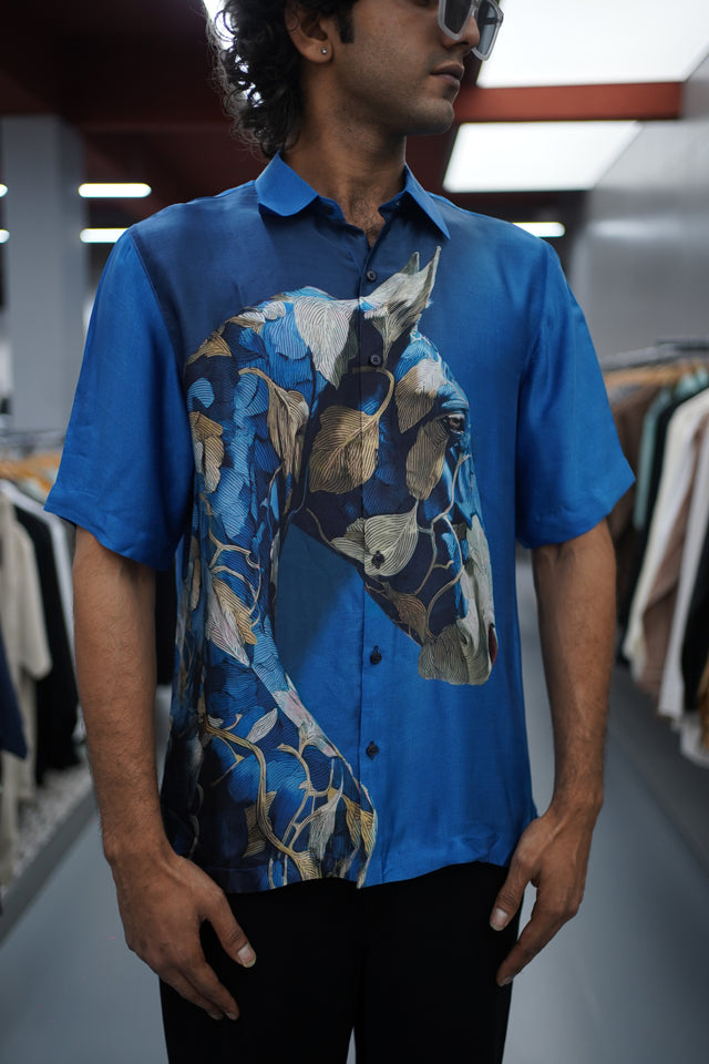 The Galloping Luster: Horse Digital Print Pure Bemberg Satin Short Sleeve Shirt - AddysForMen®️