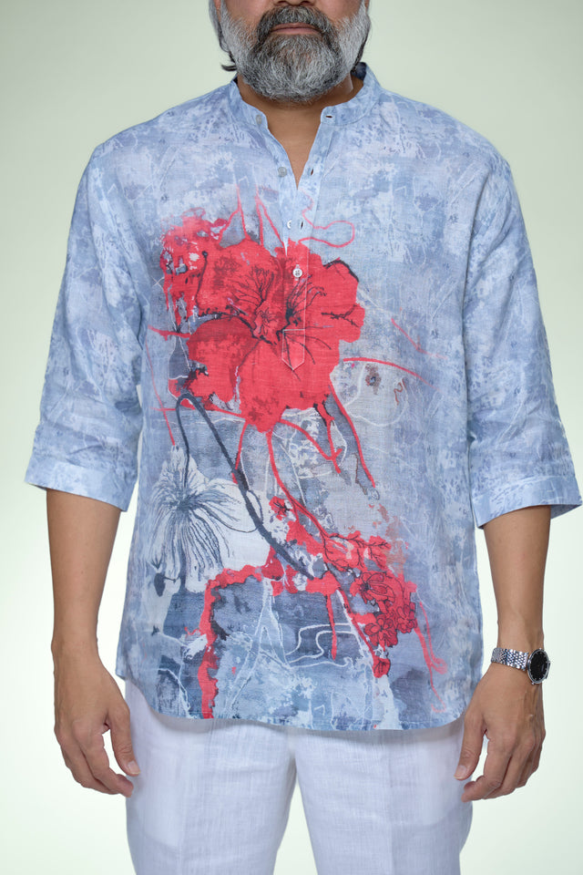 Scarlet Bloom Abstract Floral Pure Linen 3/4 Sleeve Kurta Style Shirt - AddysForMen®️
