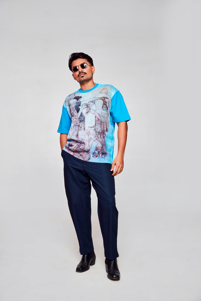 Azure Reflection : Effortless Elegance of Blue and White - Oversize Linen Tshirt