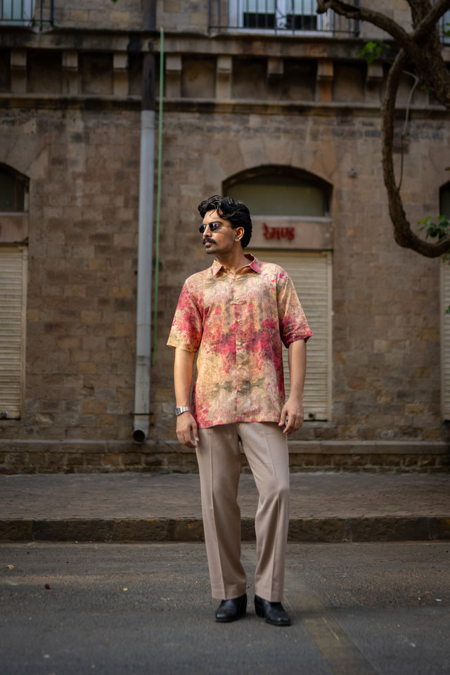 Dusty Romance Pure Satin Linen Short Sleeve Shirt