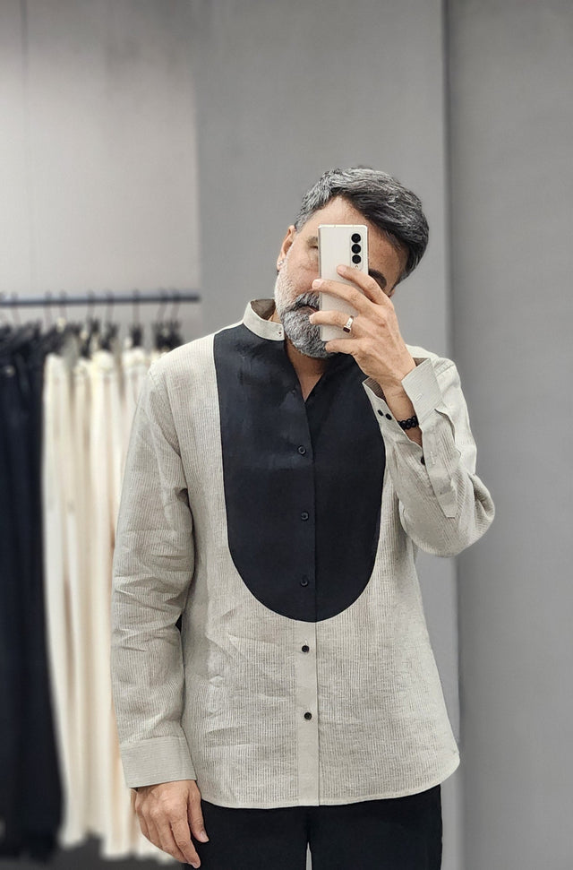 Tuxedo Bib Panel Textured Pure Linen Mandarin Shirt