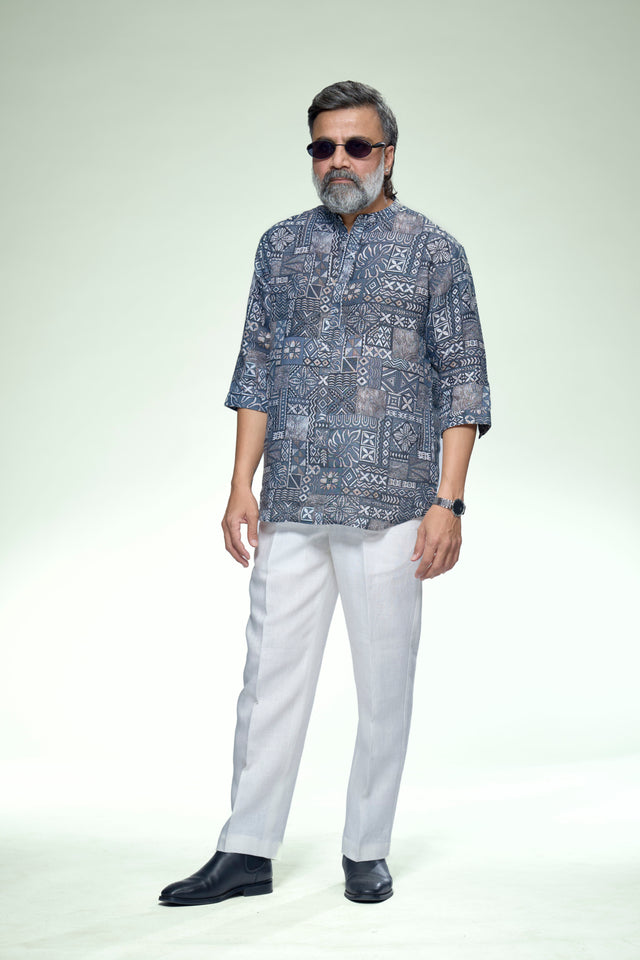Indigo Nomad Mosaic Pure Linen 3/4 Sleeve Kurta Style Shirt - AddysForMen®️
