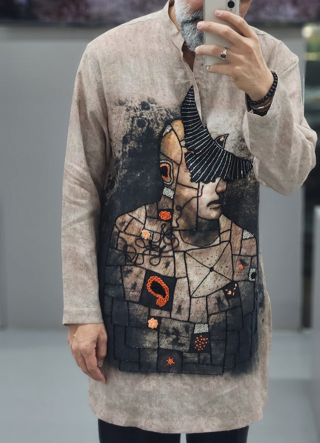 Sepia Stone Cubist Digital Print Portrait Hand Khatli Pure Linen Kurta