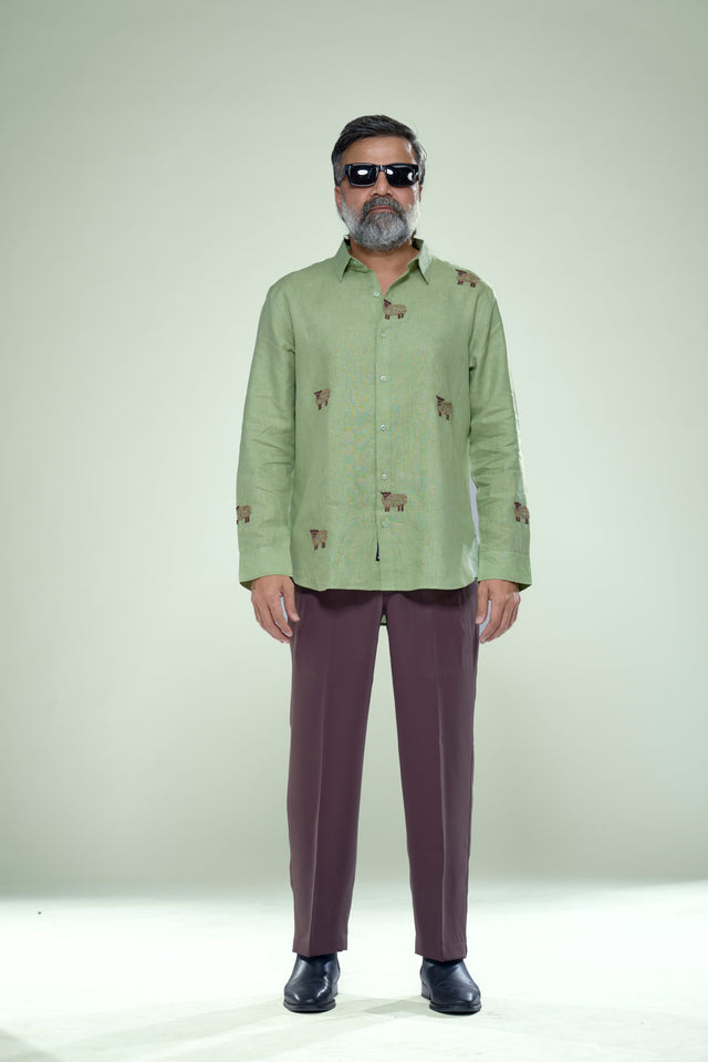 Botanical Heritage: 5-Hour Hand-Embroidered Pure Linen Full Sleeve Shirt - AddysForMen®️