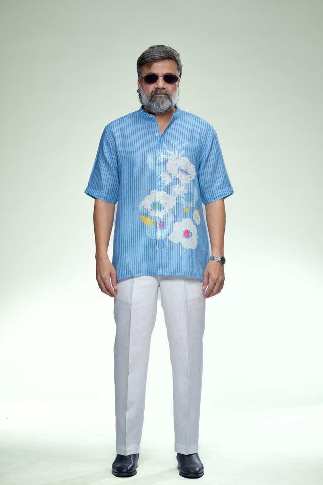 Sky Blue Artistic Floral Pure Linen Short Sleeve Shirt - AddysForMen®
