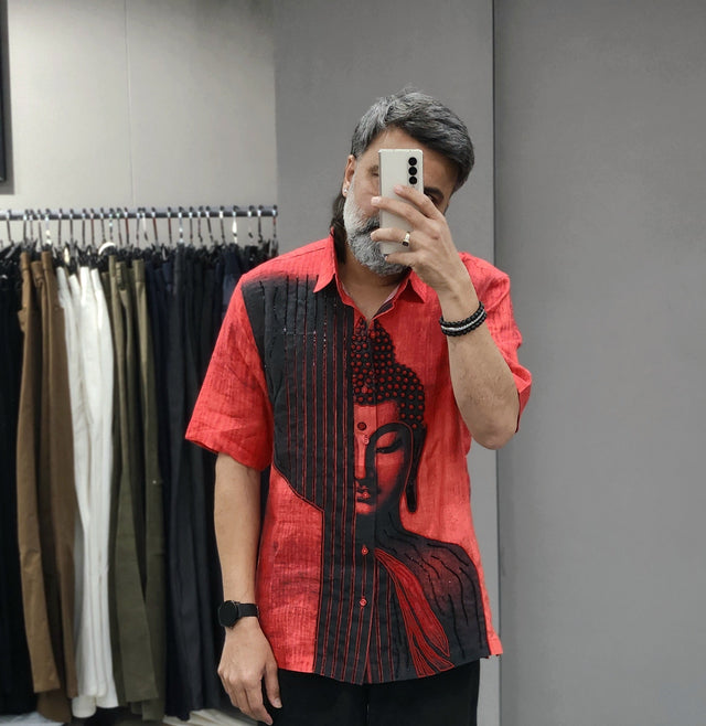 Coral Red Linen Shirt with Black Buddha Graphic & Khatli Work