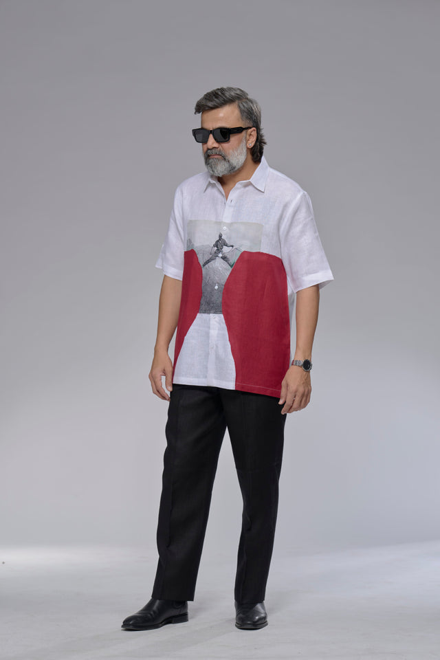Red Horizon : Digital Print Patchwork Pure Linen Designer Short Sleeve Shirt - AddysForMen®