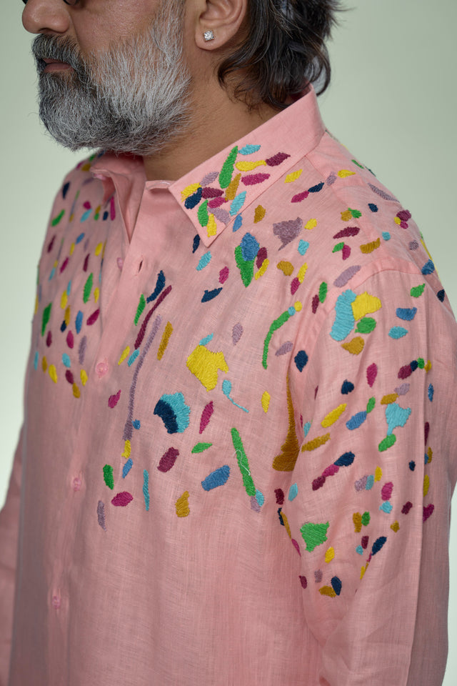 Corner Masterpiece : 9-Hour Front & Back Corner Hand Embroidered Pure Linen Full Sleeve Shirt - AddysForMen®️