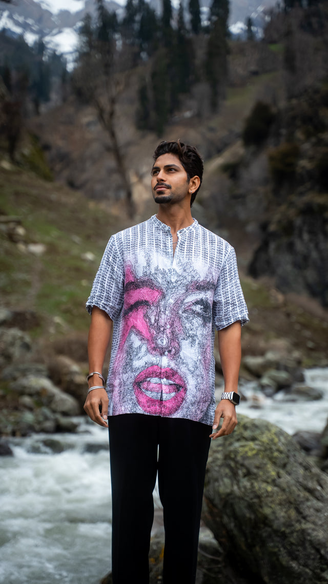 Pink Inscription Stylish Printed Pure Linen Short Sleeve Shirt - AddysForMen®