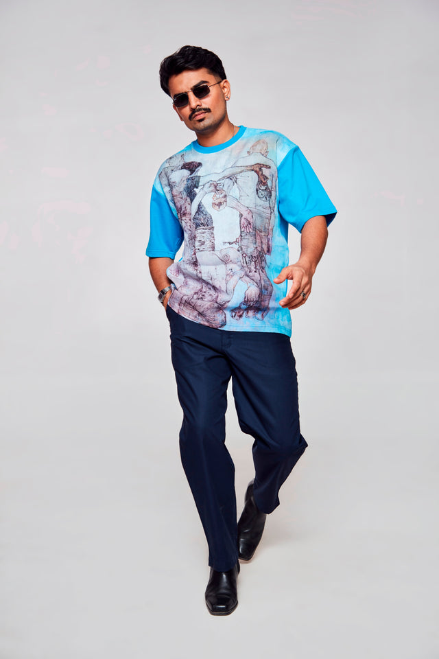 Azure Reflection : Effortless Elegance of Blue and White - Oversize Linen Tshirt